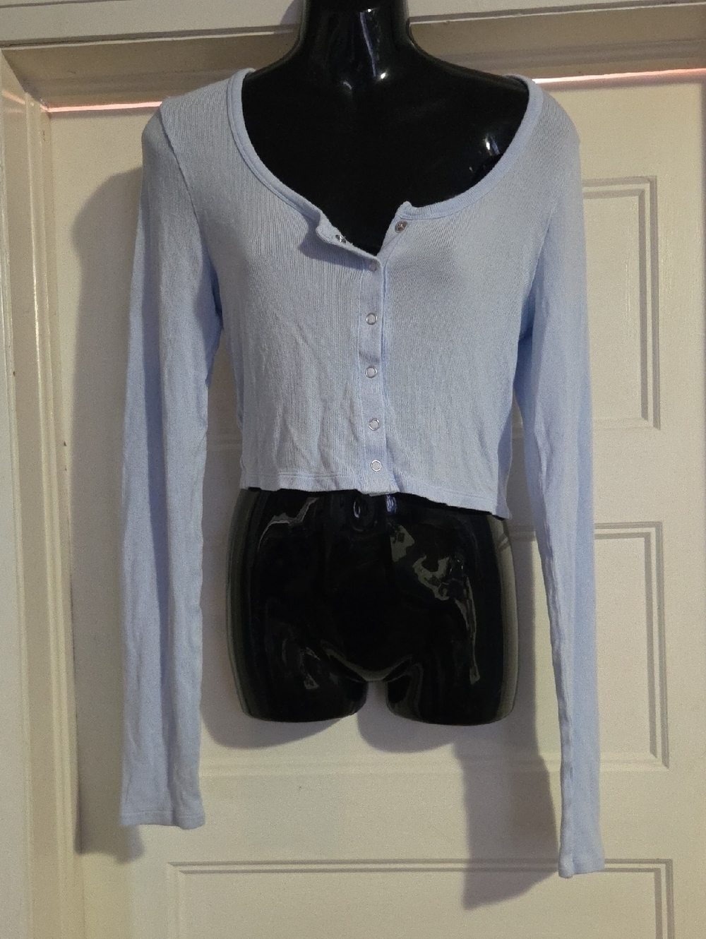 aerie Light Blue Ribbed Cropped Button-Up Top - Picture 1 of 6